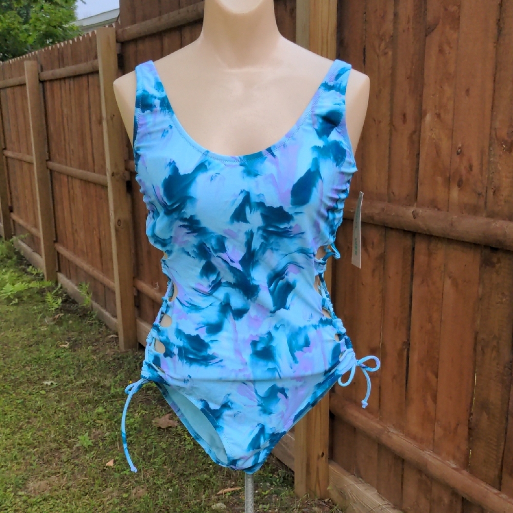 Blue and Purple One Piece Swimsuit with Adjustable Ties